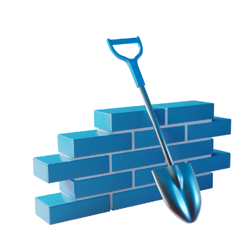 3D blue and white shovel leaning up against a blue brick wall segment